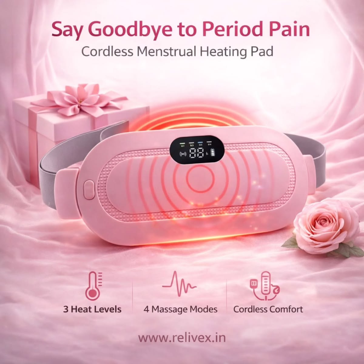 Heating Pad women Period Pain Cramp Relief Belt -Portable Menstrual Heating Pad, Heated Belly Belt for Menstrual Cramp Relief with 3 Heat Levels and 4 Modes, Electric Belt Massage for Women and Girls - Electric Massager Machine for Women (Flower Box)