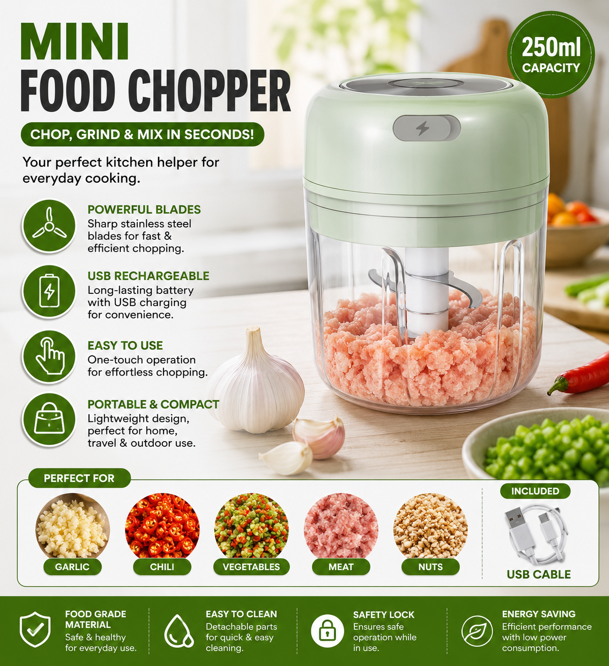 Mini Food Chopper Portable USB Rechargeable Vegetable Garlic Meat Grinder | With Cable - Size 250ml