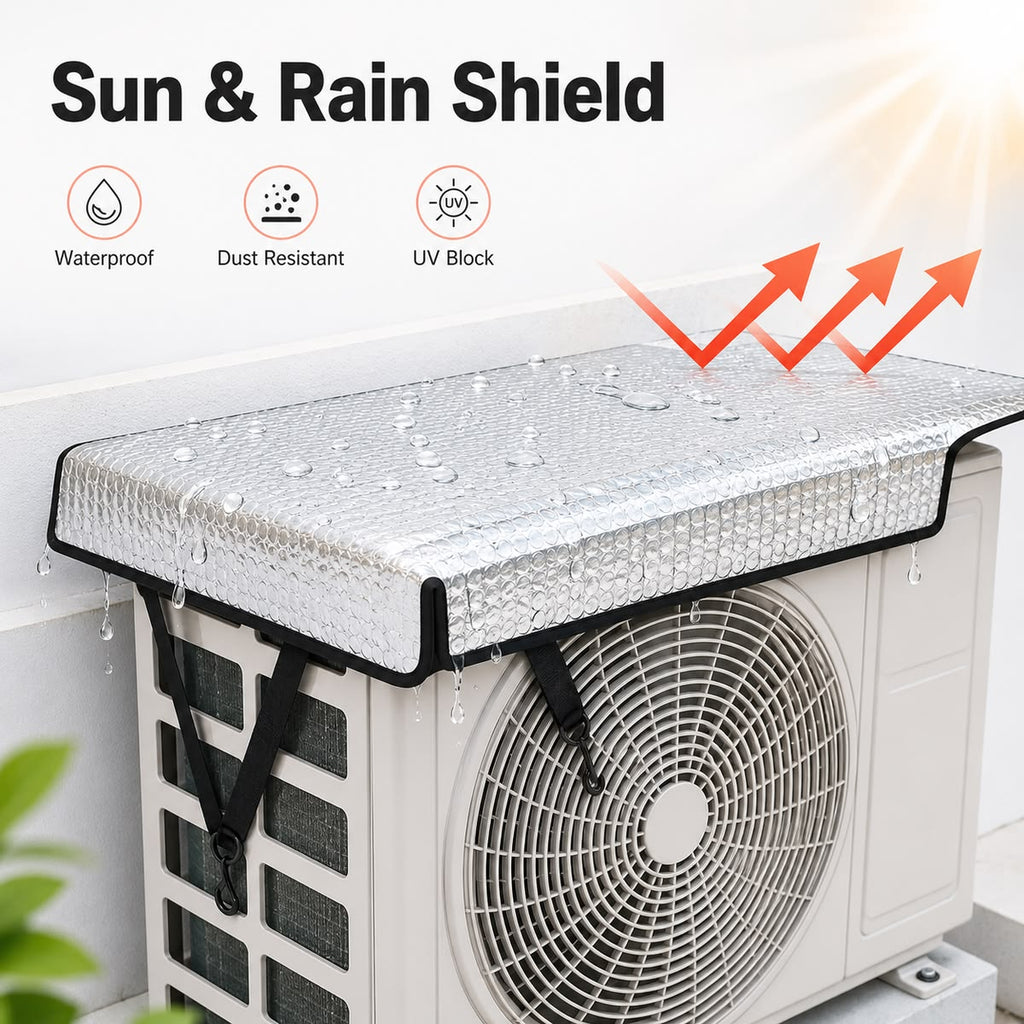 AC Outdoor Unit Sunshade Cover (3mm) – Silver Foil Reflective Heat Shield & Dust Protector with Adjustable Buckle Clips