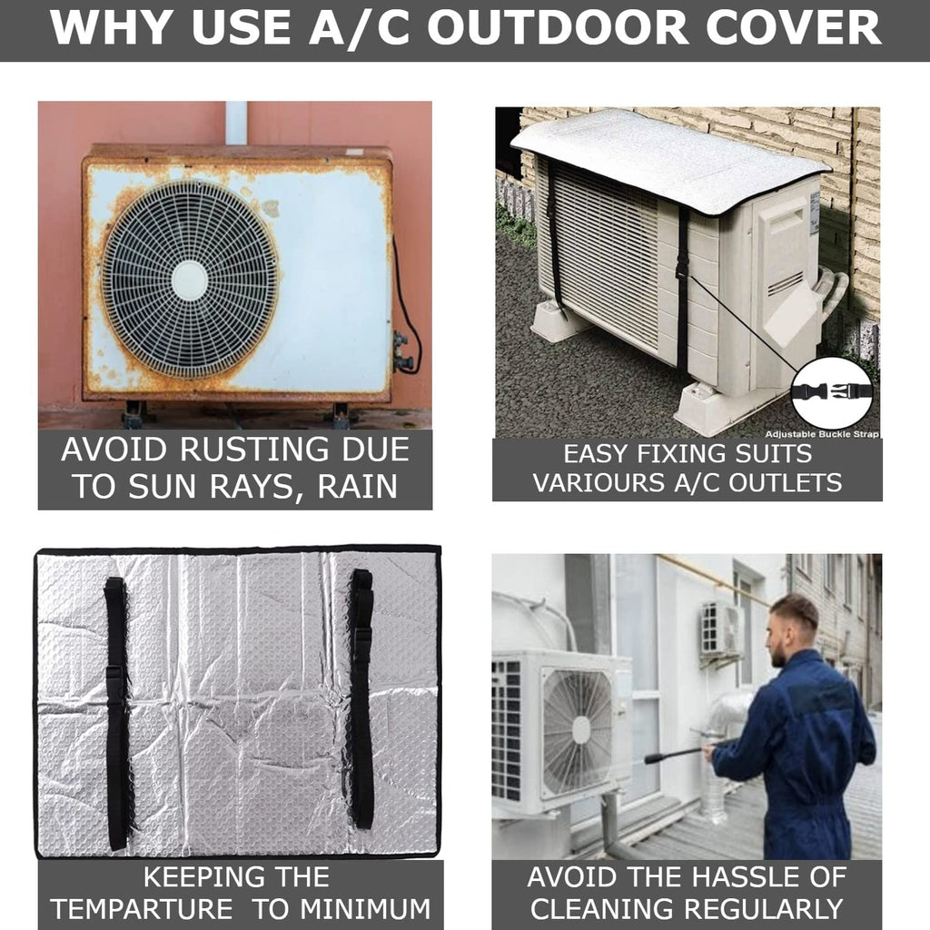 AC Outdoor Unit Sunshade Cover (3mm) – Silver Foil Reflective Heat Shield & Dust Protector with Adjustable Buckle Clips