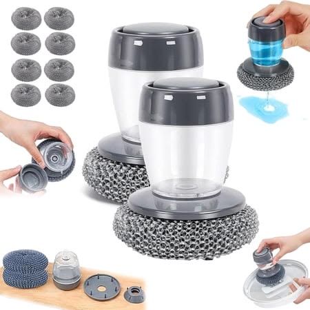 Kitchen Soap Dispensing Palm Brush – Automatic Filling Dish Scrubber with PET Bristles – Non-Scratch Cleaning Brush for Pots, Pans, and Sinks